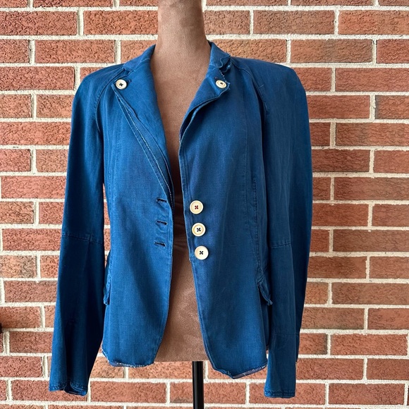 HIGH Use Jackets & Blazers - HIGH Women's Blue Cotton Linen Notch Lapel Blazer Jacket, Size US 8